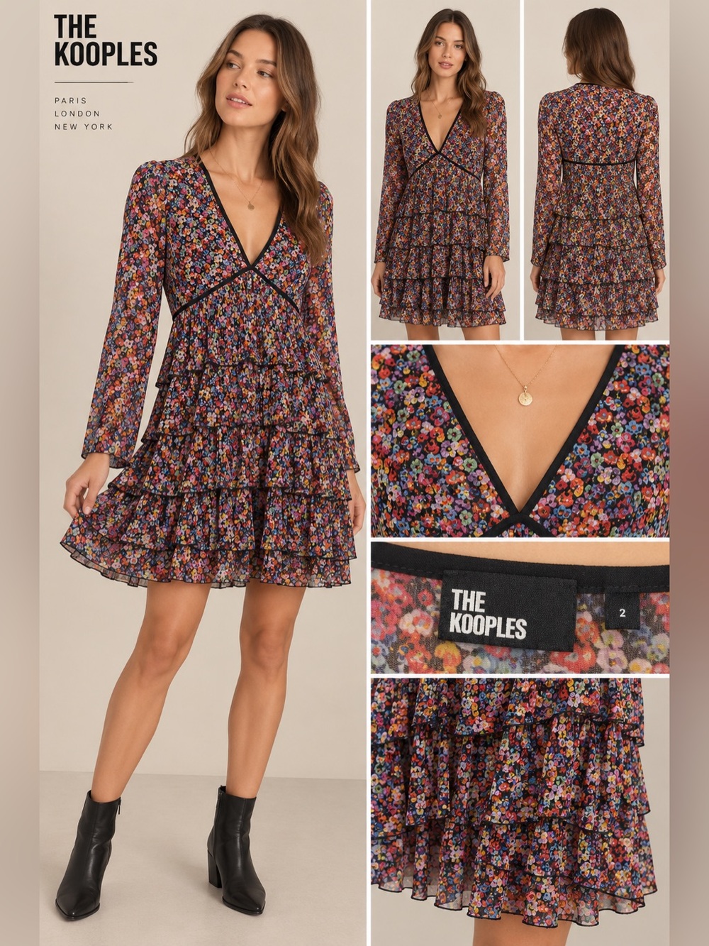 The Kooples Blazing Field Floral Pleated Tiered Mini Dress Size 2